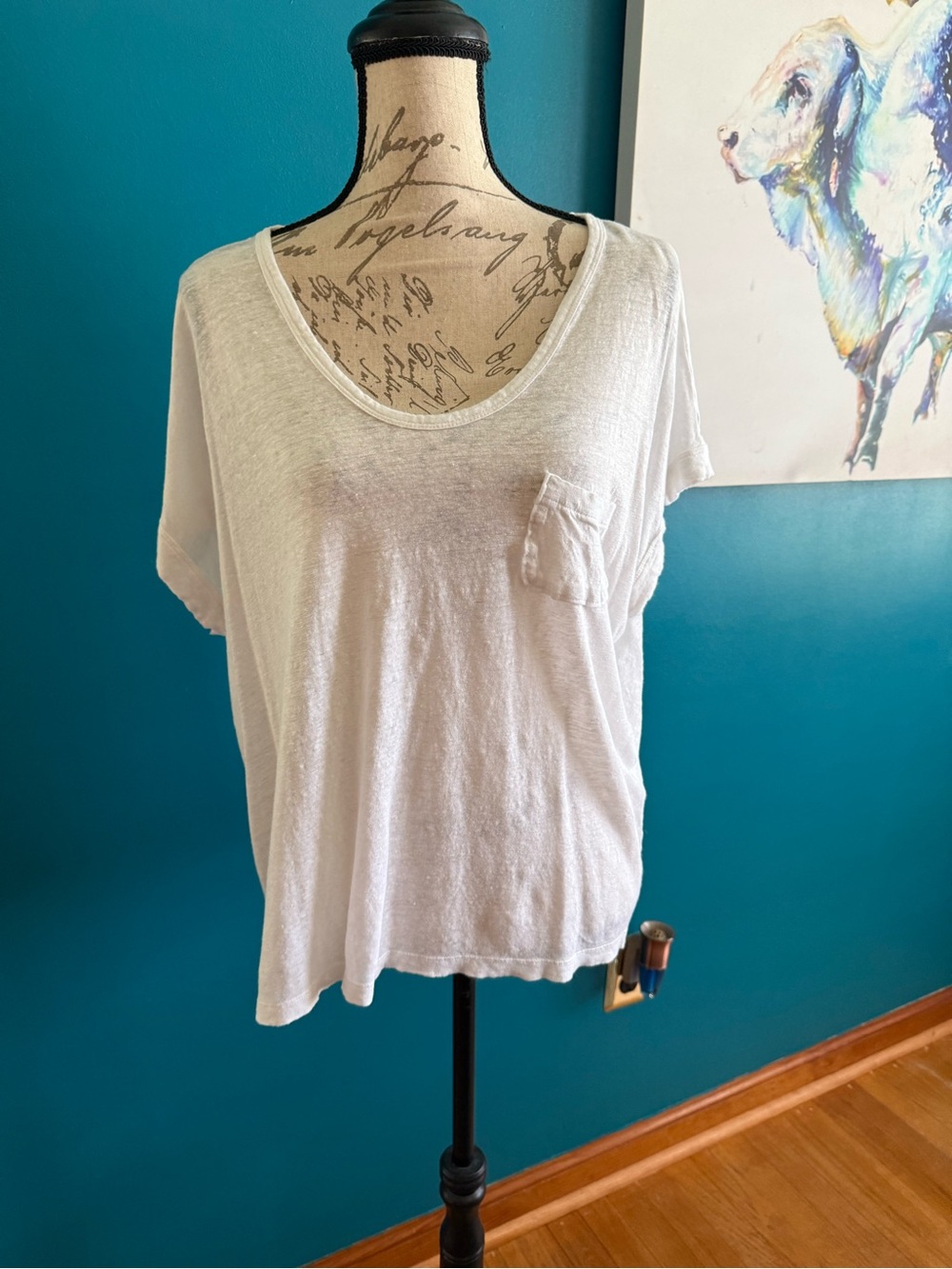 Women's White Scoop Neck Pocket LINEN Shirt